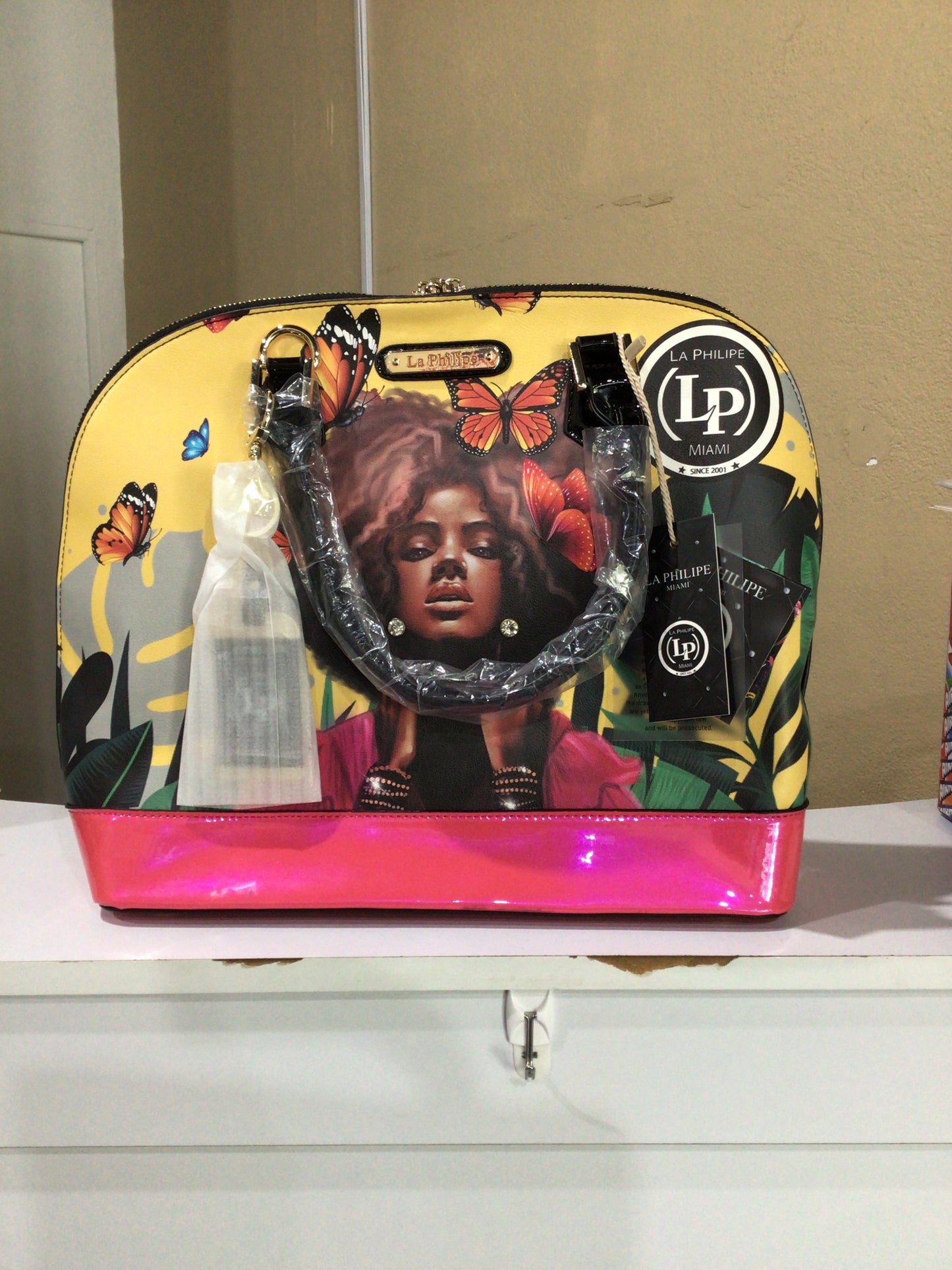 Bolsa La Philipe Negro/Fushia Mariposas